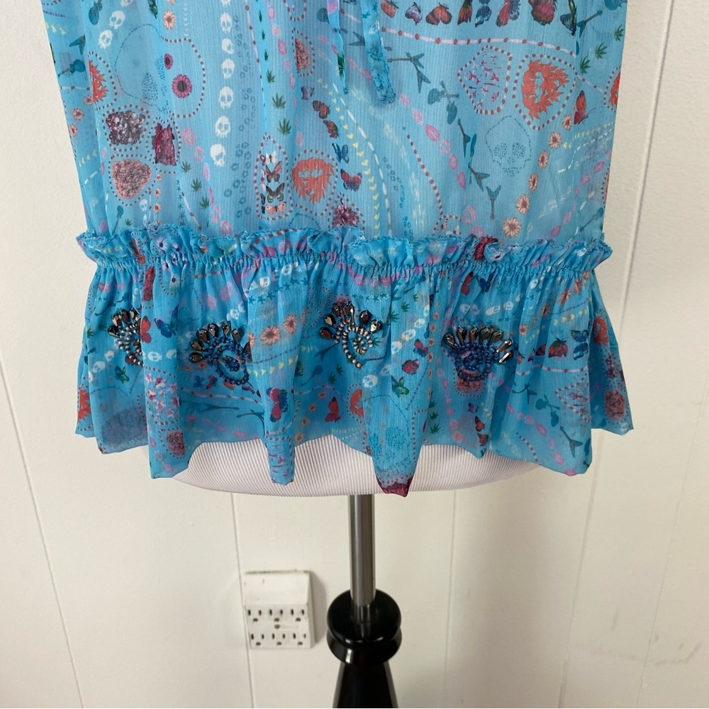 Zadig & Voltaire Tutti Print Psyche  Ruffle Sheer Top SZ XS Blue Novelty Print - Picture 5 of 16